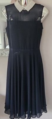 Hobbs Invitation Navy Blue & Ivory Chiffon Midi Dress Collar UK 10