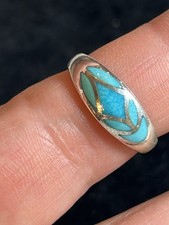 Southwestern Turquoise Inlay 925 Sterling Silver Band Ring, Size 8