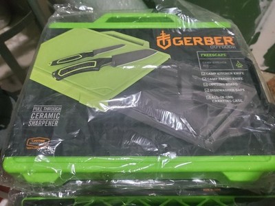Gerber camping knife set with cutting board /tray  and sharpener /case AUTHENTIC