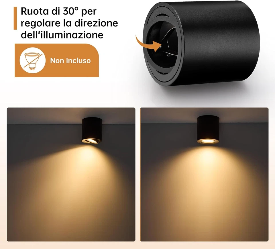 6 Packs Faretti Led Soffitto Nero, Faretto Da Soffitto Orientabili, Con Attacco  - Immagine 4 di 4