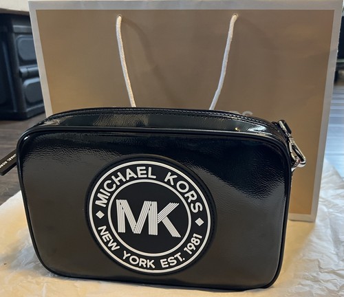 Michael Kors MK Black/White Patent Leather Fulton Crossbody Bag