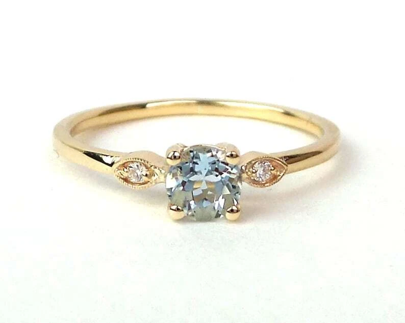 14k Gelbgold Natürlich Aquamarin Und Diamanten Minimalist Damen Zierliche Ring - Bild 1 von 4