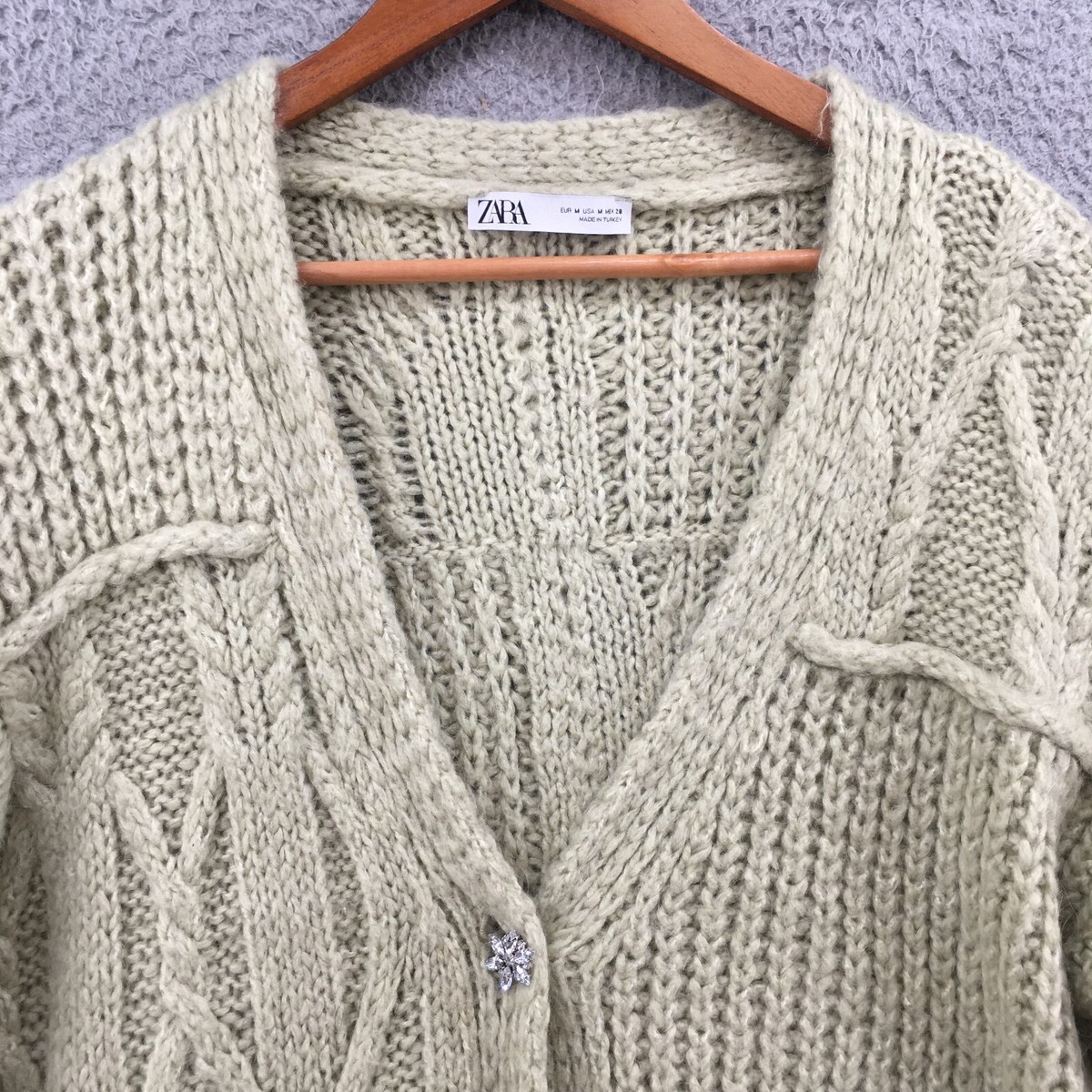 Zara Button Up Cardigan Sweater Womens M Green Wool Blend Long