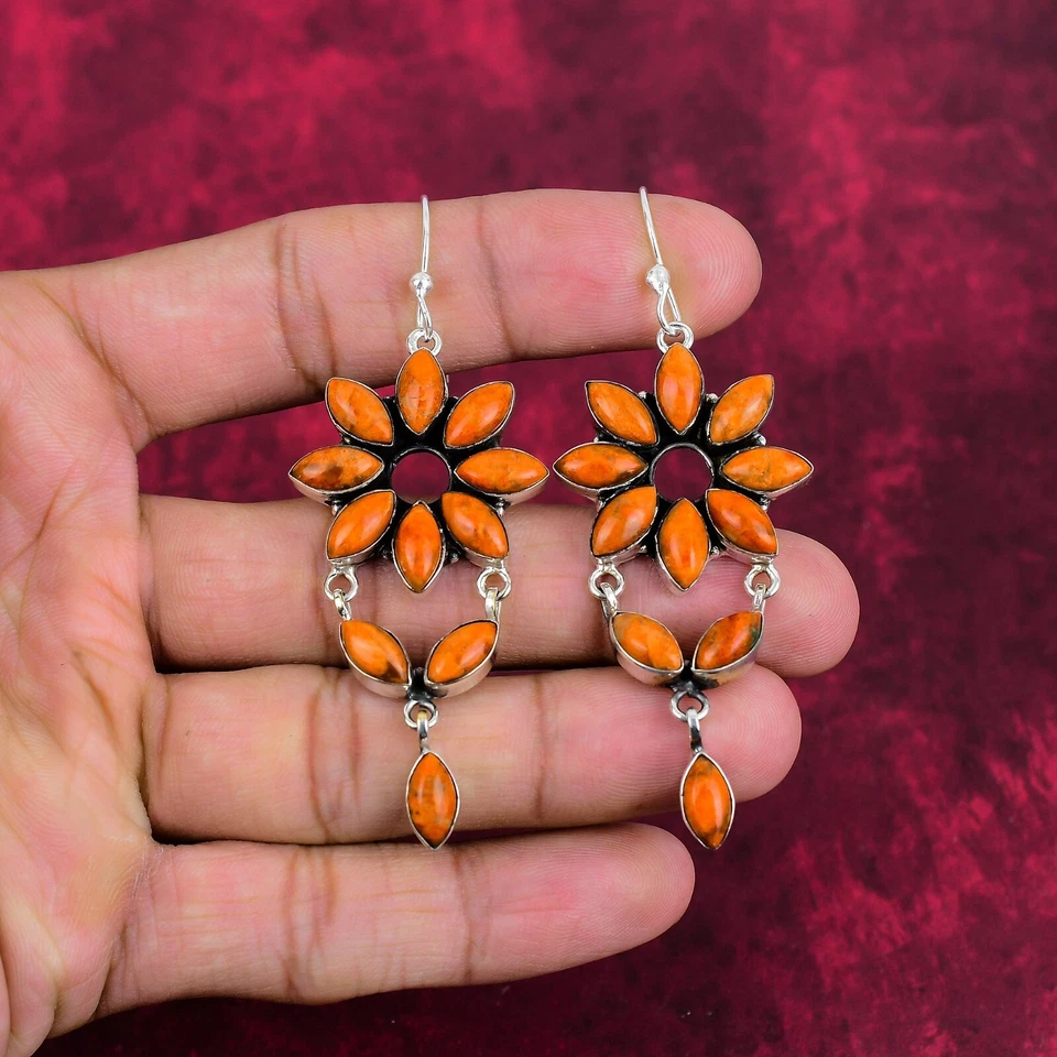 Pendientes de plata de ley 925 hechos a mano con piedras preciosas de coral esponja naranja joyería Foto 3 de 4
