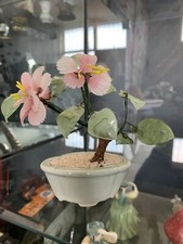 Vintage Jade and Rose Quartz Glass Bonsai Cherry Blossom Tree - Pre-owned