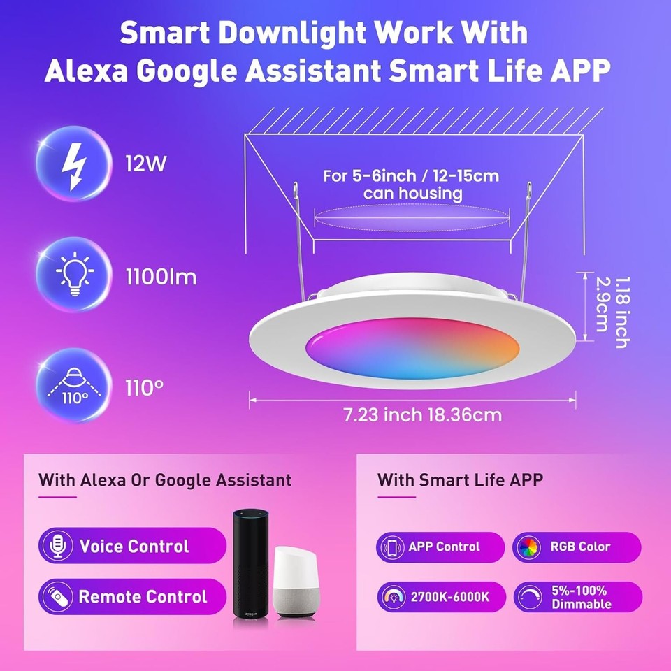 6 Inch Smart LED Recessed Ceiling Downlights RGBCW 12W 1100LM Dimmable ...