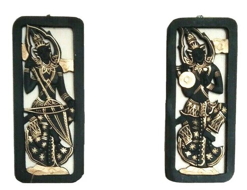 Wood Carved Wall Art Panel Small Black Thai Angel Vintage mandolin Gold trim - Picture 6 of 16