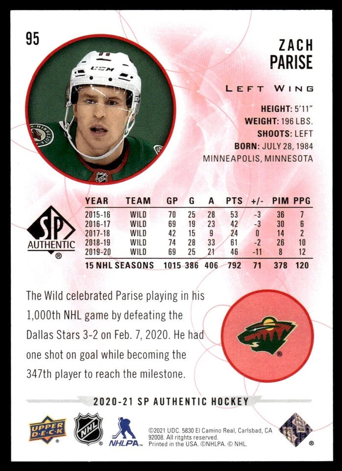 2020-21 SP Authentic Limited Autographs Zach Parise Auto Minnesota Wild #95 R92 - Image 2 of 2