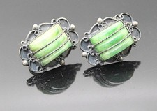 VINTAGE  ARCHED VARISCITE SCREW BACK STERLING SILVER EARRINGS