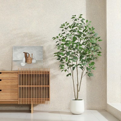 Artificial Ficus Tree,6FT Fake Tree in White Imitation Ceramic Planter with L...