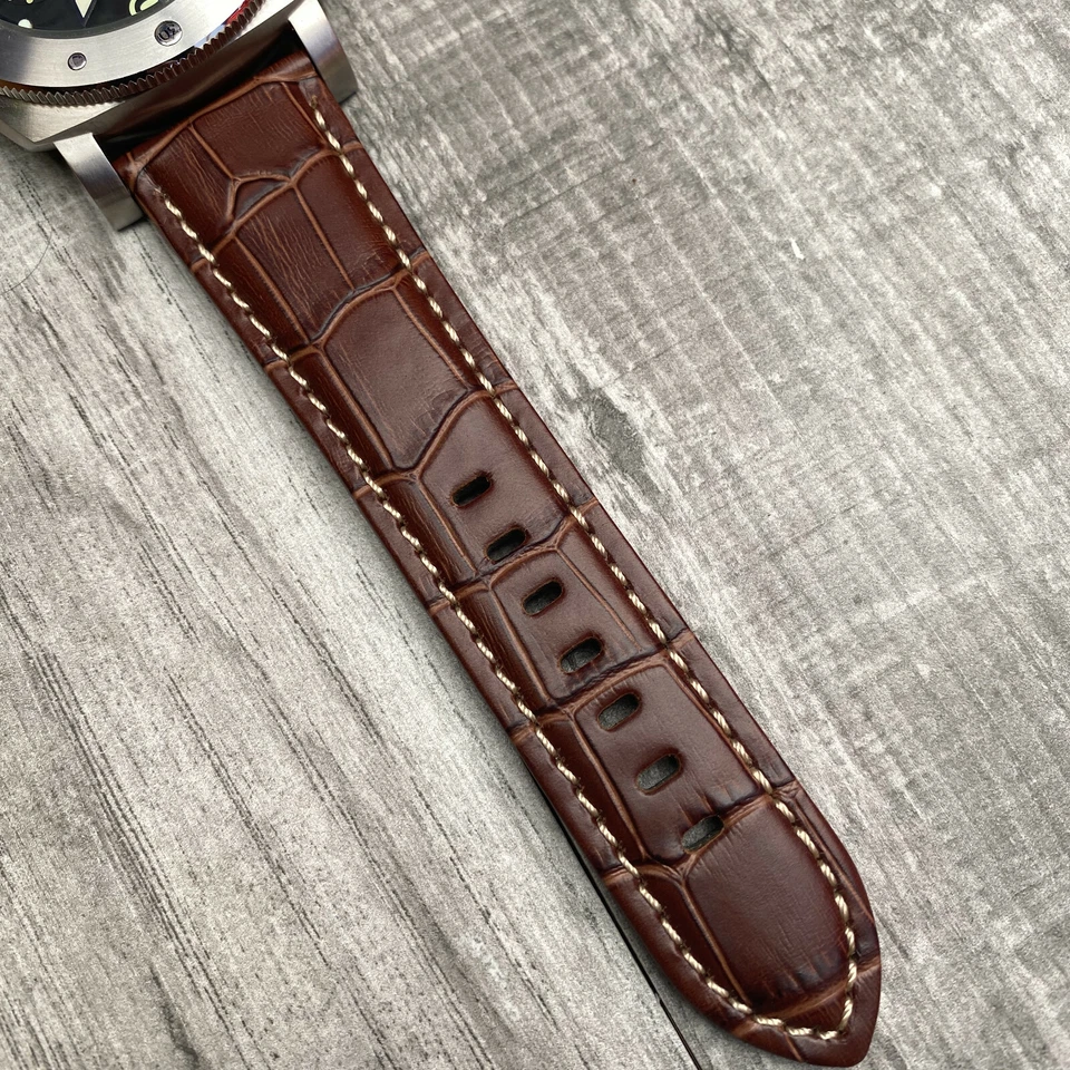 Pour Officine Panerai Luminor Marina 24mm Veau Brun Bracelet Montre Cuir Bande - Photo 4/4