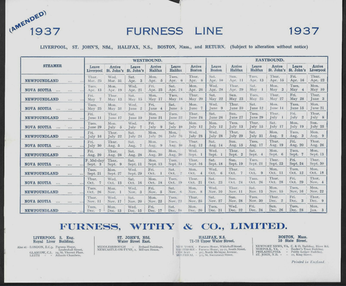 1937 Furness Line Schedule For Steamers NEWFOUNDLAND & NOVA SCOTIA