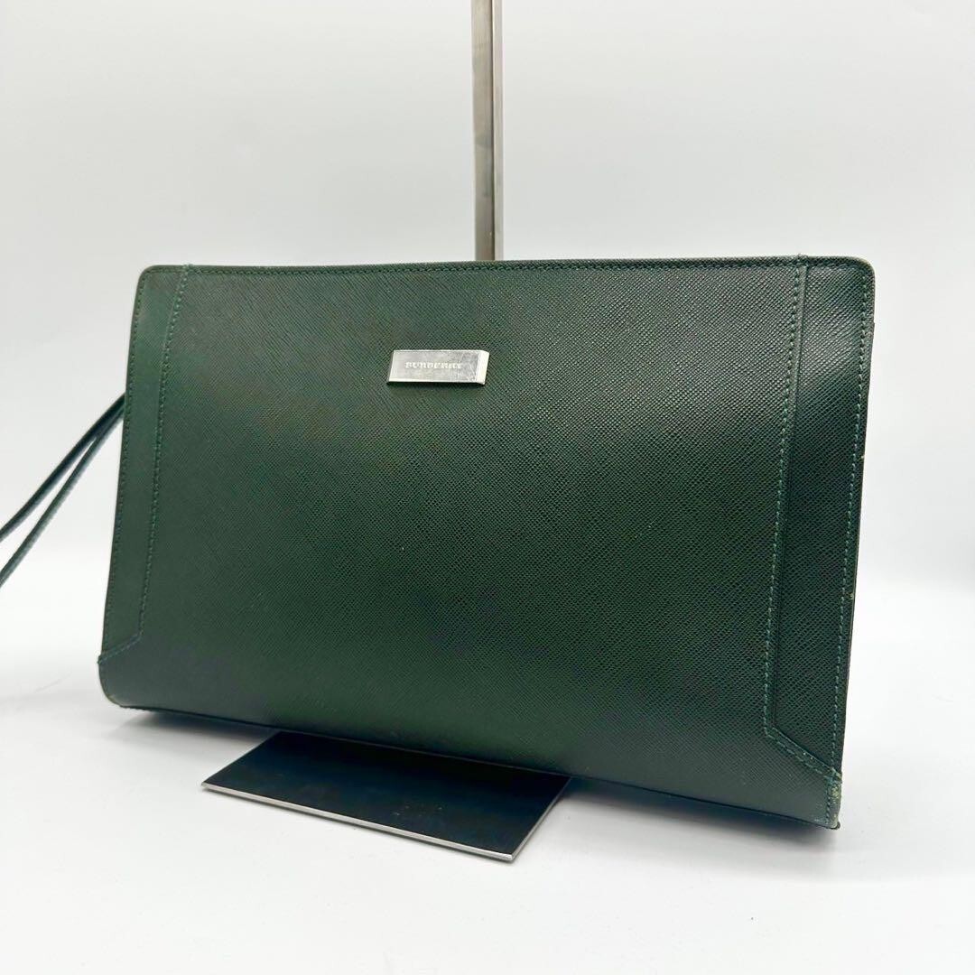 レアカラーBURBERRY ビジネスバッグ サフィアーノ グリーン ロゴプレート BURBERRY Logo Plate Saffiano Clutch Bag Dark Green Used Excellent+