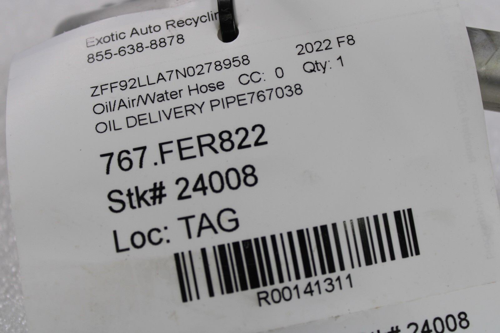 Ferrari F8 Tributo, Oil Delivery Pipe, Used, P/N 767038