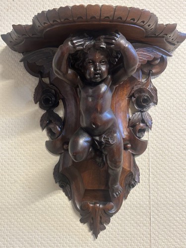 Big Antique Mid 19th century wall console shelf with angel/cherub in walnut