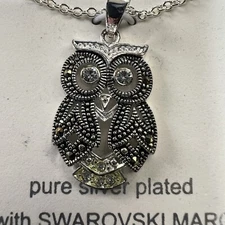 New in Box Sparkle & Allure Silver Swarovski Marcasite Owl Necklace 