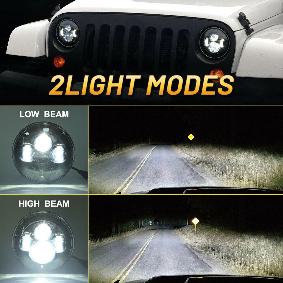 Pair 7" Round LED Headlights High Low Beam for Jeep Wrangler JK TJ LJ CJ Trucks - Image 3 of 4