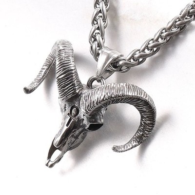 Gothic Behemoth Ram Sheep Skull Head Horn Pendant Stainless Steel Necklace Chain