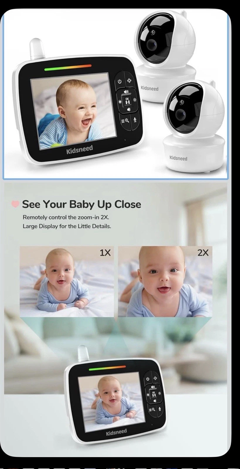 Kidsneed Digital Baby Monitor Camera Zoom Pan/Tilt Temp Two-Way Audio Lullabies