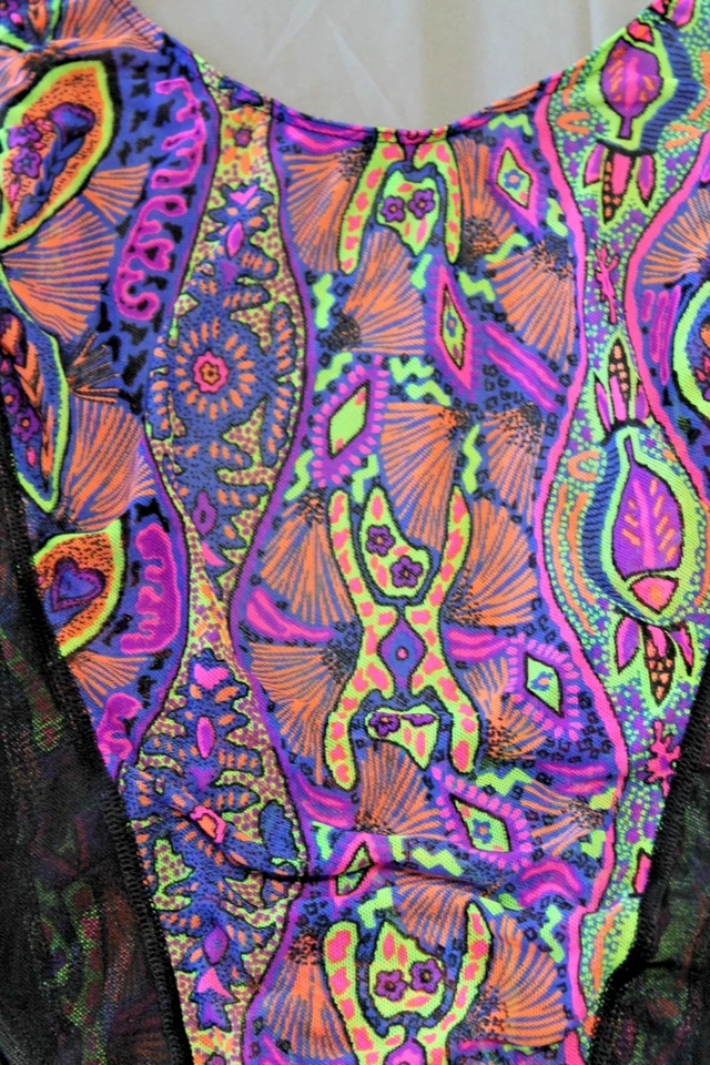 Vintage 90s SOLAR Tan Thru One Piece Swimsuit Multicolor Mesh Neon Medium READ - Image 2 of 4