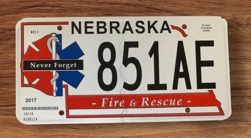 NEBRASKA FIRE & RESCUE EMS EMT SQUAD AUTO LICENSE PLATE " 851 AE " EMERGENCY 911