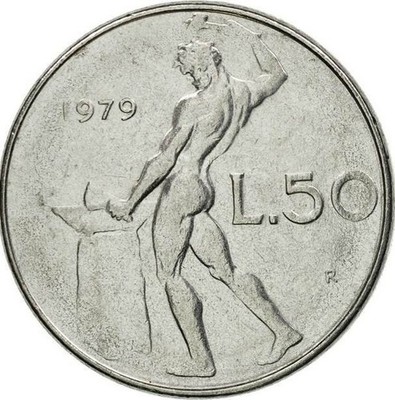 Naked Blacksmith, large type Italy, coin shown is an example 50 lire, vulcan