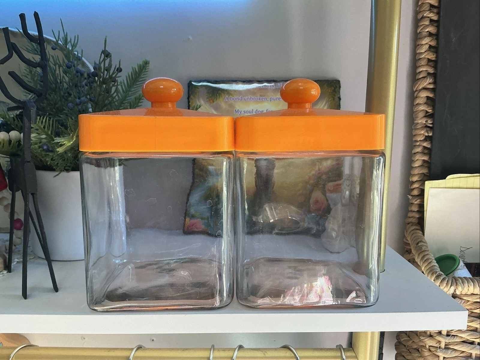 (2) Glass Square Air-tight Kitchen Food Storage Jar w/ Vintage Orange Lids