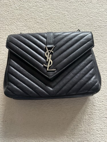 Saint Laurent College Bag Black Leather Silver Chain Shoulder Strap Dust Bag