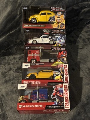 Jada 5  1/32 Lot Of 5 Transformers Bumblebee Optimus prime & Jazz Beetle Porsche