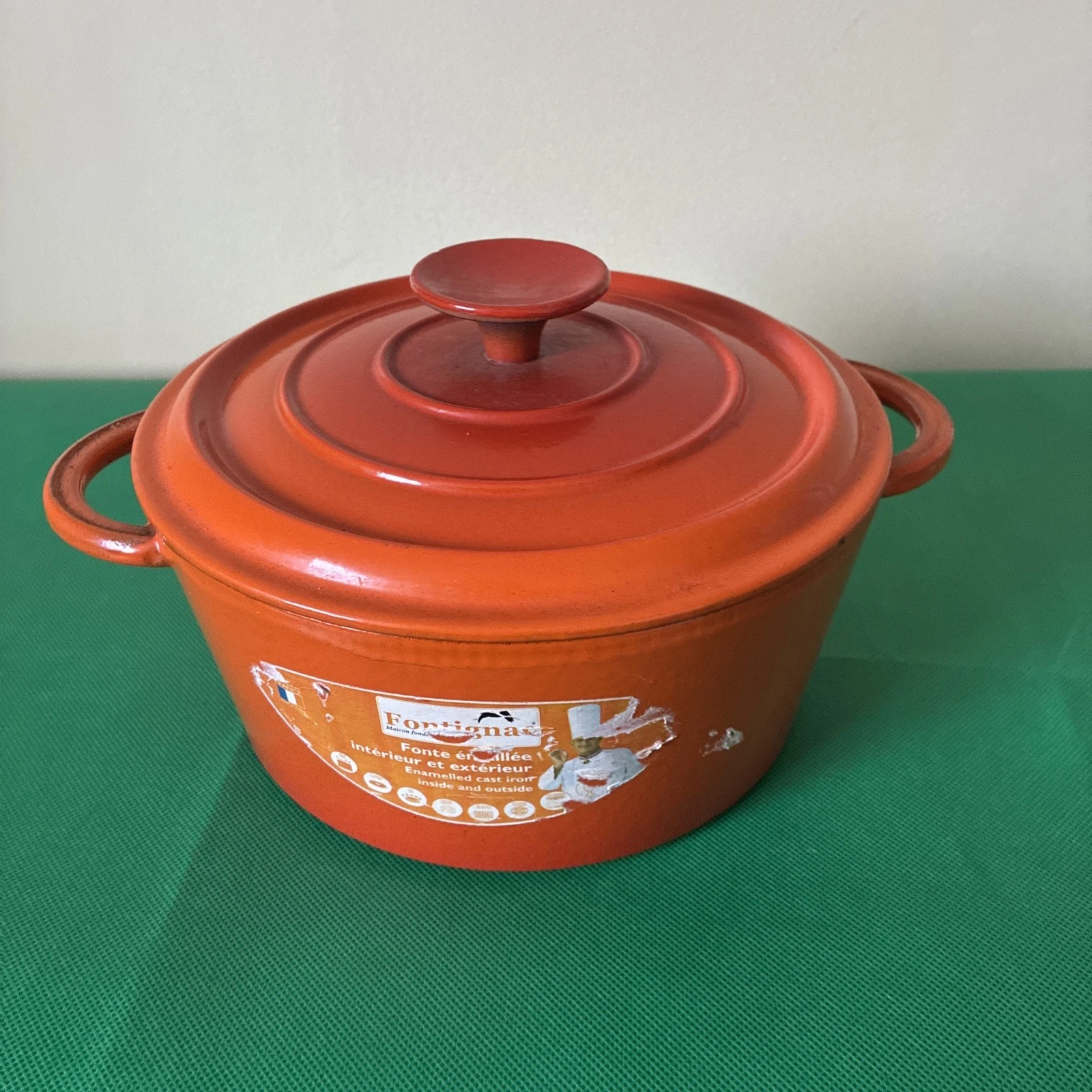 Vintage French Cast Iron Casserole Dish Dutch Oven Red Orange With Lid Fontignac
