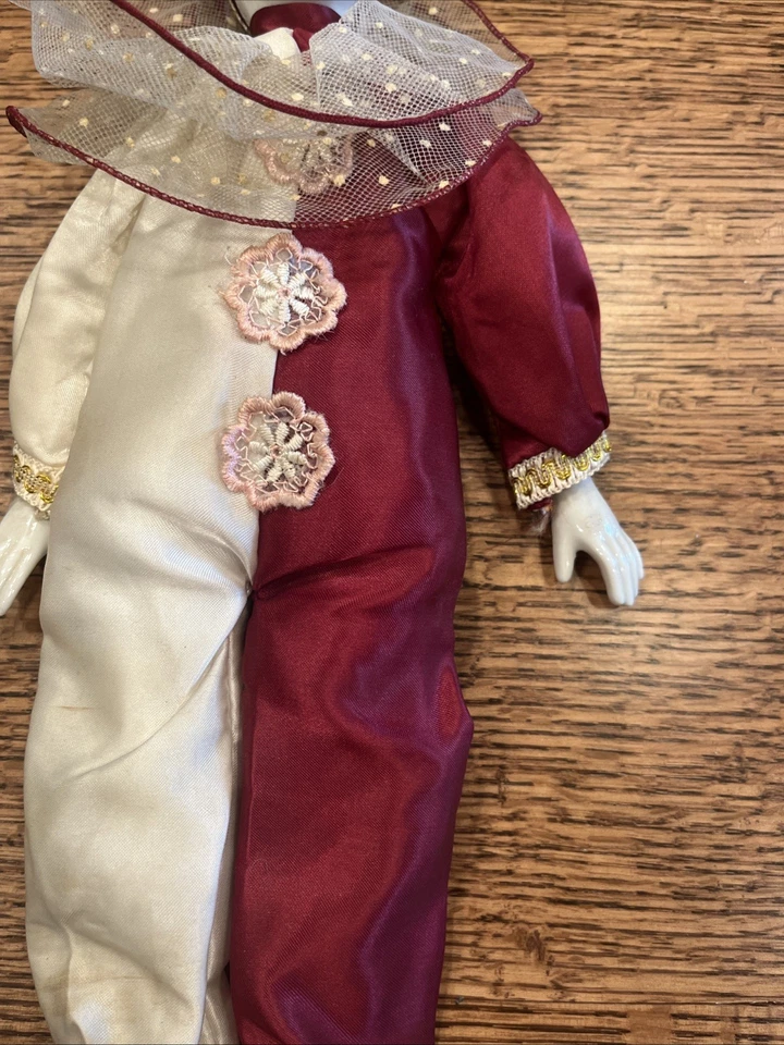 Vintage HARLEQUIN Porcelain Doll Jester Clown White And Red Costume 1980s - Image 4 of 4