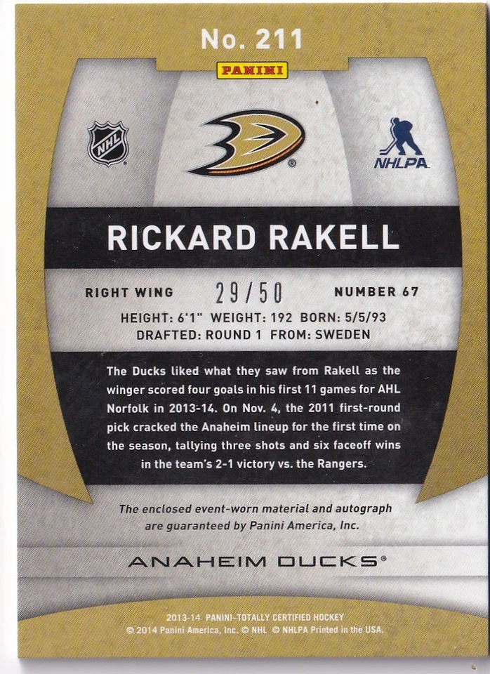 2013-14 Totally Certified Auto Jrsys Platinum Red #211 Rickard Rakell 29/50 RC - Image 2 of 2