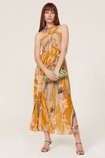 Ted Baker Ansa Cross Pleated Midi Dress Yellow Dark Orange 5 US 12 #D7842  $395