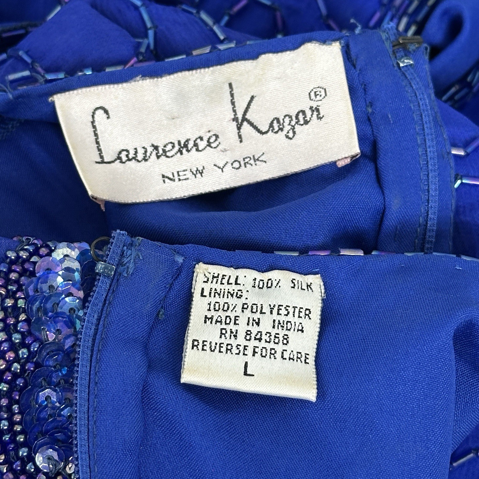 Vtg Laurence Kazar Dress Large Blue 100% Silk Sequin Bead Cocktail Party Flapper