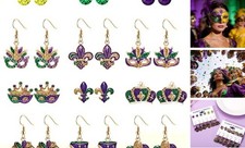 9/12Pairs Mardi Gras Earrings Glitter Mask Fleur De Lis Crown Drop 12 stud drop