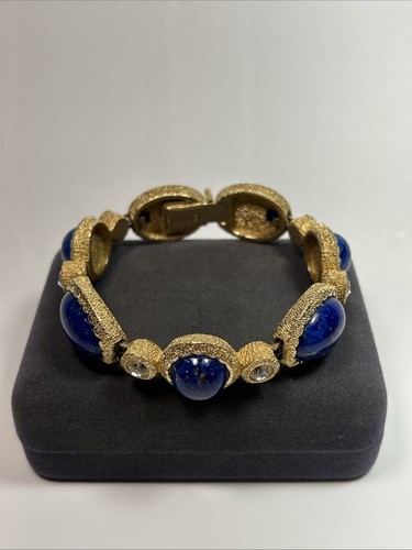Vintage Christian Dior Gold Tone Textured Faux Blue Lapis Rhinestone Bracelet
