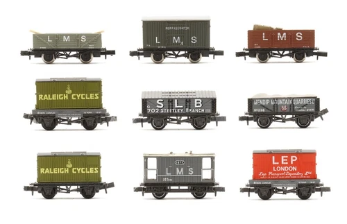 GRAHAM FARISH/PECO 'N' GAUGE LOT OF 9 5/7 PLANK/SALT/VENT/BRAKE/CONTAINER WAGONS