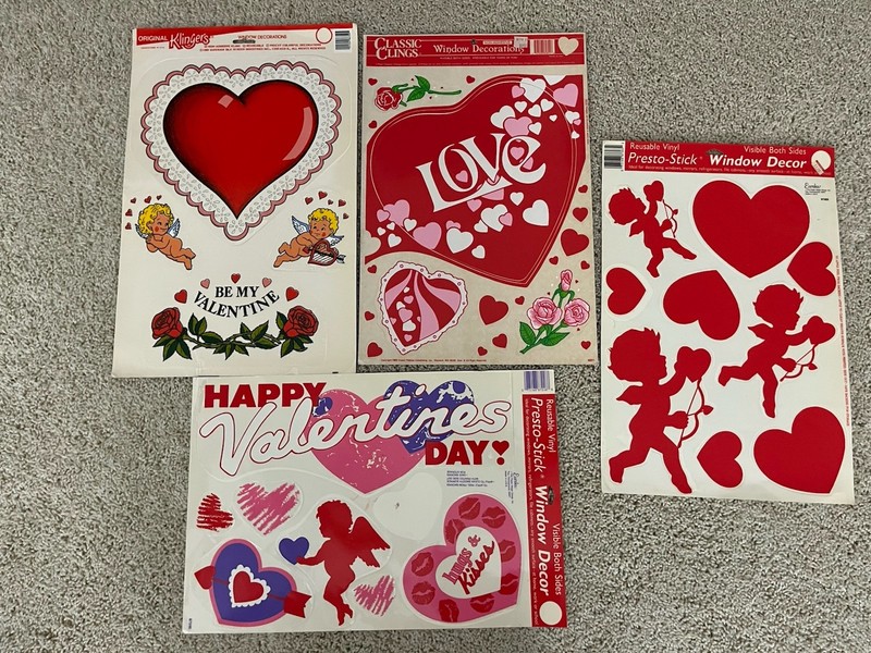 Lot of 4 Vintage Happy Valentine's Day Cupid Hearts Window Decorations