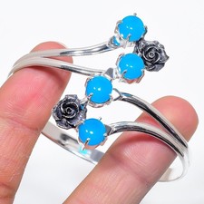 Blue Chalcedony Gemstone 925 Sterling Silver Jewelry Cuff Bracelet Adjustable