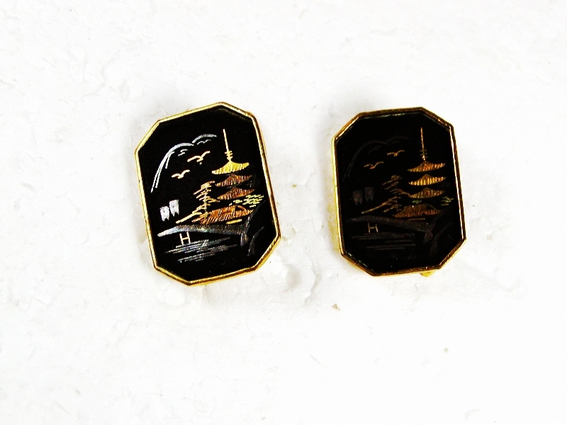 Japanese Damascene Goldtone Black Pagoda Cufflinks By AMITA