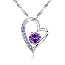Women 18" Chain Sterling Silver Purple CZ Heart Pendant Necklace Gift Box G10
