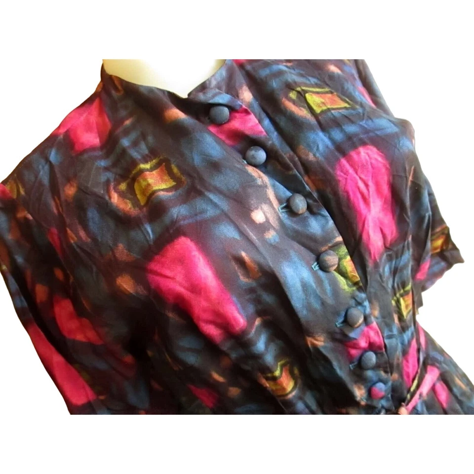 Vintage Womens Dress 10 1950's Acetate Nylon PINK/BLUE BELTED Dress TONI TODD - Image 3 of 4