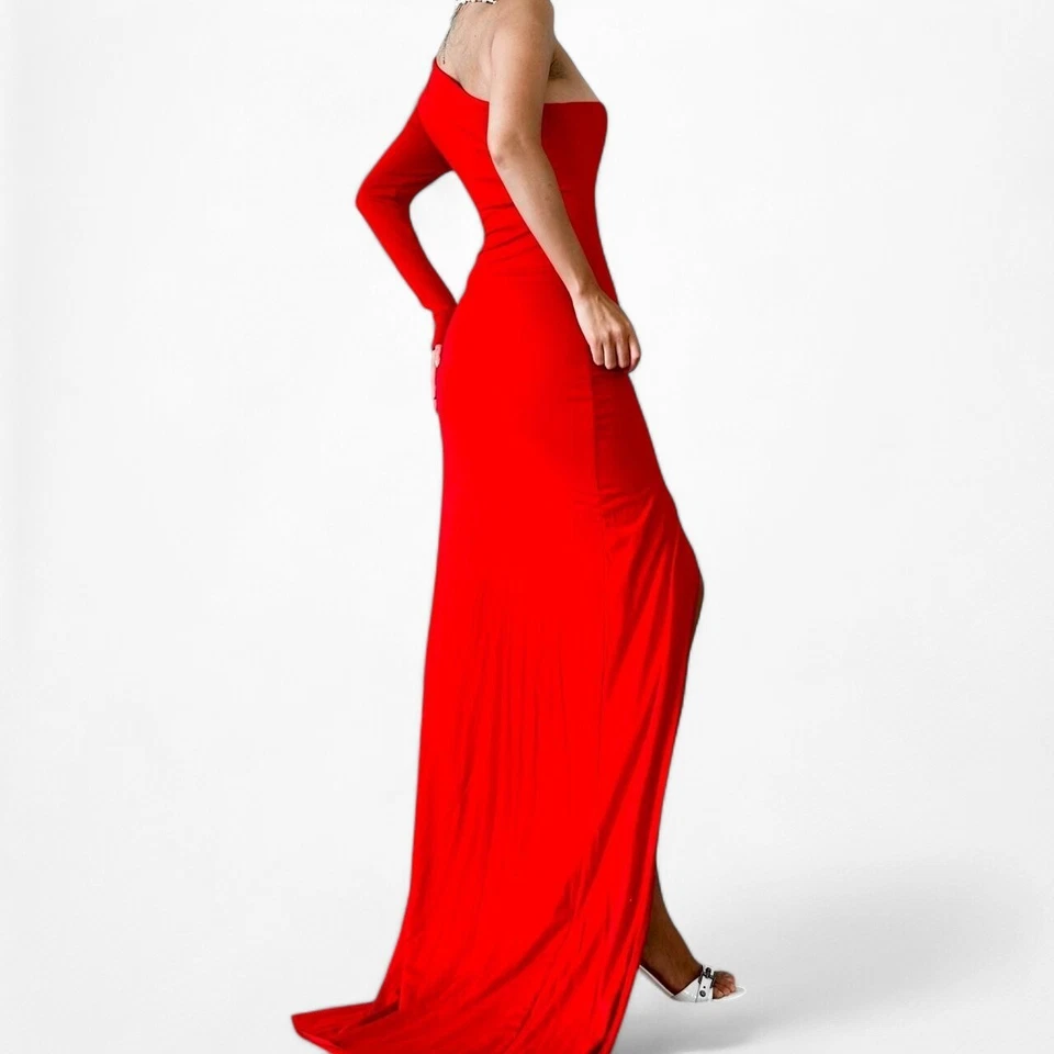 Red Knit One Shoulder Long Sleeve Side Slit Bodycon Maxi Dress Size XS/S - Image 3 of 4