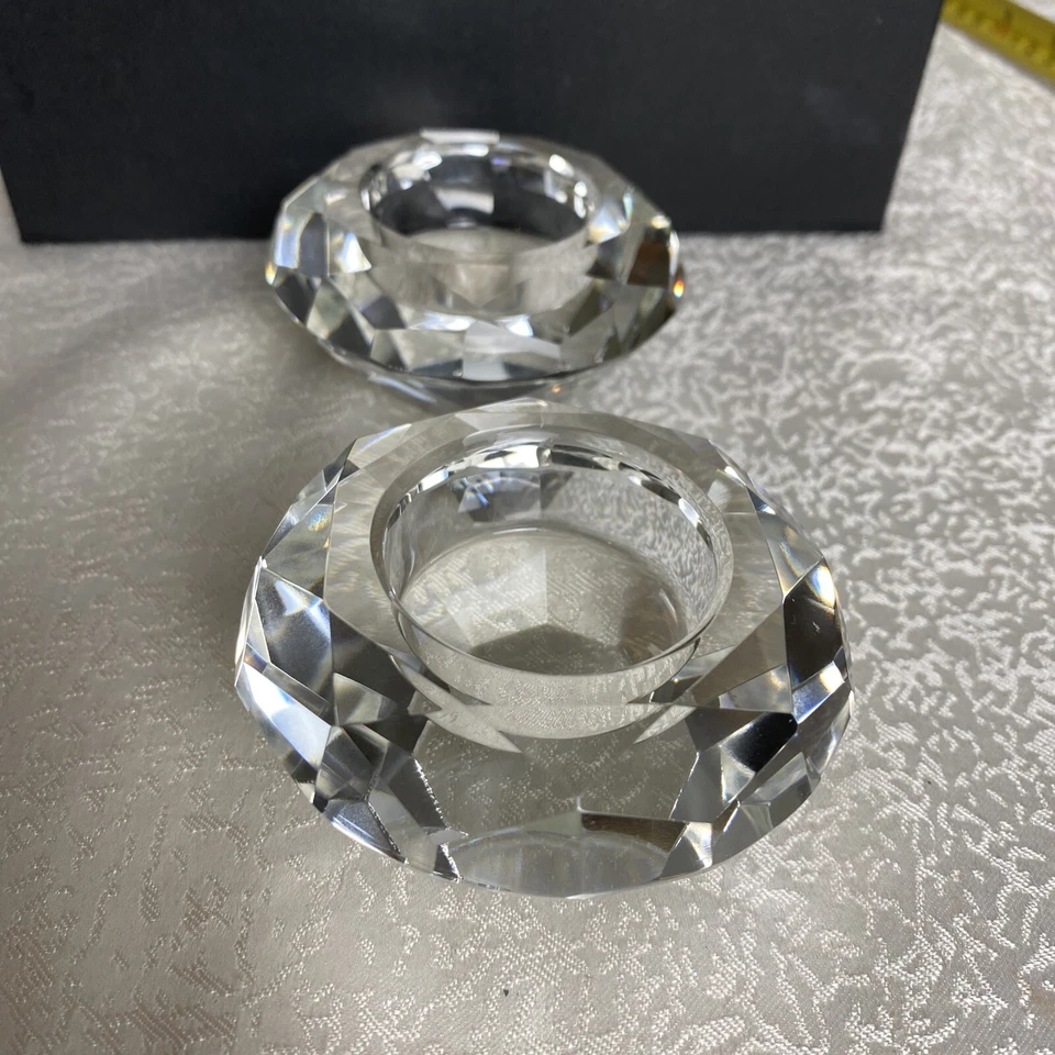 Juego de candelabros par de gemas ligeras de té de cristal corte diamante redondo caja galería Z Foto 4 de 4