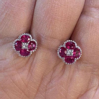 2.20Ct Oval Cut Lab Created Red Ruby Flower Stud Earring 14K White Gold Plated
