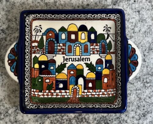 Square Tray Panoramic Views Jerusalem Décor Mosaic Colourful 6" x 4.5" Preowned - Photo 1 sur 5