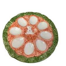 Vintage Vigar Devil 8 Eggs Dish Farm Country Decor Hand Painted Green Pink White