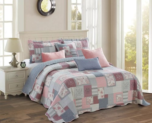 3PC Soft Quilted Patchwork Printed Bedspread Comforter Bed Throw & Pillow Shams - Picture 4 of 29