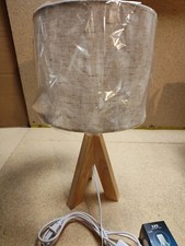 LED Small Wooden Tripod Table Lamp w/Beige Linen Fabric Lampshade, 14.9" Tall