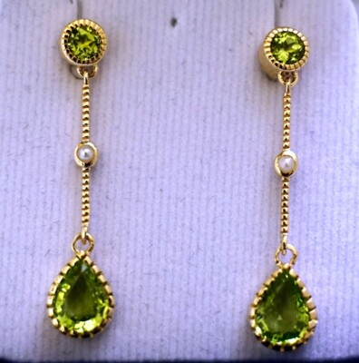 E125  Gorgeous Genuine 9K Yellow Gold NATURAL Peridot & Pearl Long DROP Earrings